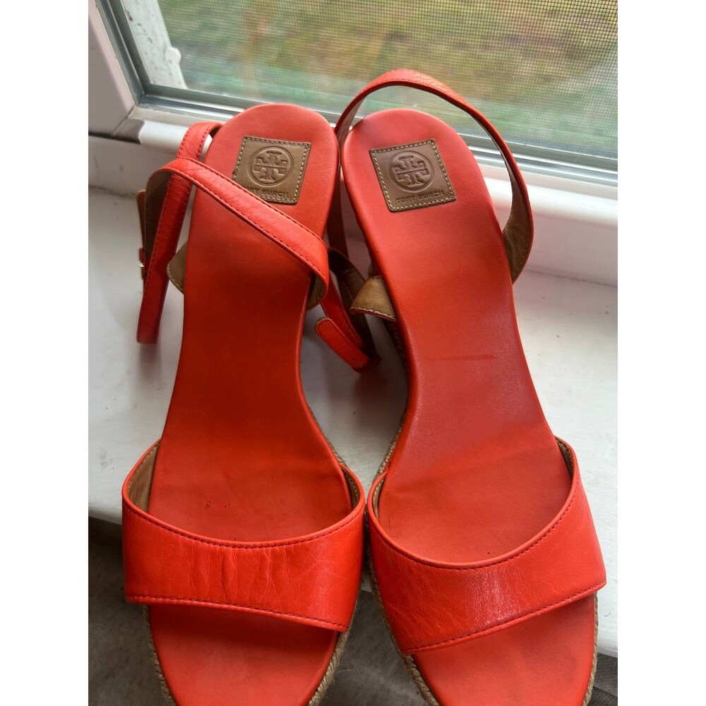 Tory Burch Marion Leather Quilted Wedge Strappy Sandals in Orange Women’s Size 9 - Picture 9 of 12
